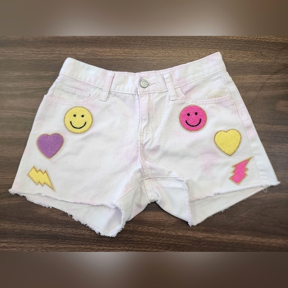 Old Navy Girls White Tye Dye Upcycle Added Colorful Patches, sz 12